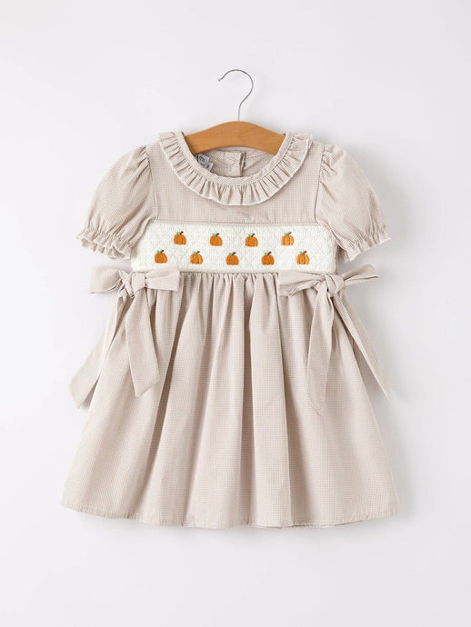Pumpkin Embroidery Smock Plaid Dress