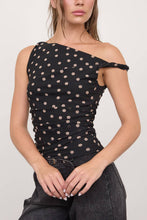 Load image into Gallery viewer, Beverly Polka Dot Asymmetrical Twist Top in Black
