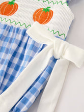 Load image into Gallery viewer, Blue Gingham Pumpkin Smocked Embroidery Romper