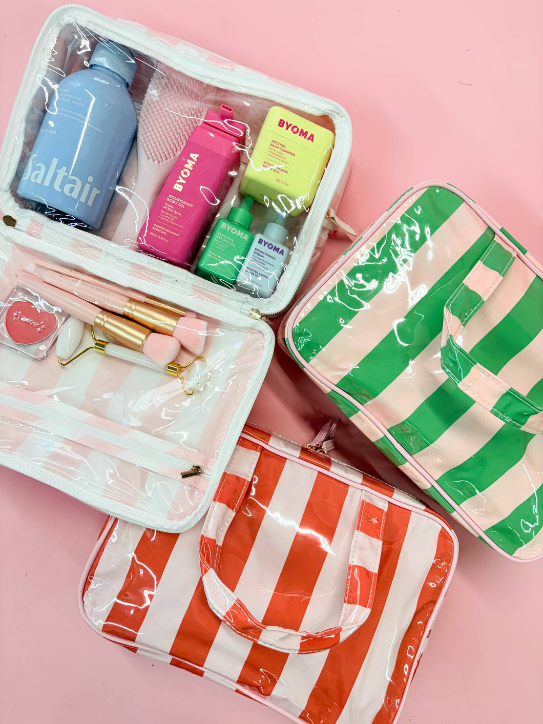 Bon Voyage Easy Wipe Travel Toiletry Case in Orange and Pink Stripes