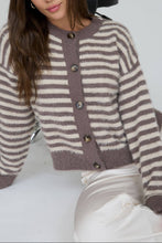 Load image into Gallery viewer, Nova Scotia Fuzzy Striped Cardigan in Mocha
