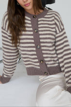 Load image into Gallery viewer, Nova Scotia Fuzzy Striped Cardigan in Blue+Brown