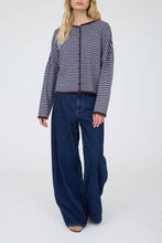 Load image into Gallery viewer, Burnswick Striped Raw Edge Cardigan in Blue + Brown