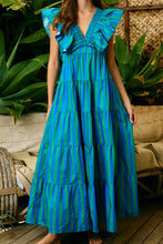 Load image into Gallery viewer, Charleston Ruffled Stripe Dress in Blue + Green