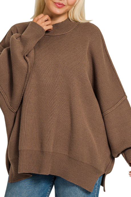 Island Park Side Slit Oversized Sweater in Brown