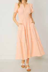 Regent Street Smocked Waist Tiered Dress in Peach