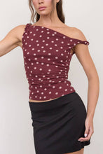 Load image into Gallery viewer, Beverly Polka Dot Asymmetrical Twist Top in Burgundy