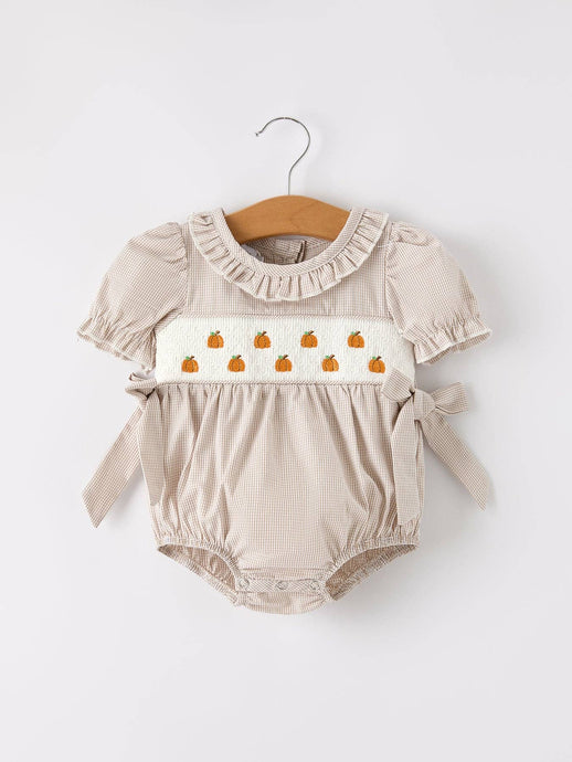 Pumpkin Embroidery Smock Plaid Romper