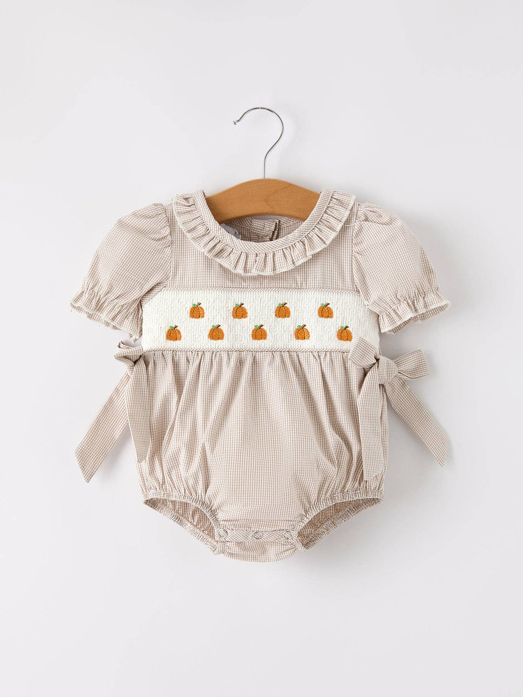 Pumpkin Embroidery Smock Plaid Romper