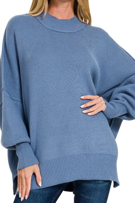 Island Park Side Slit Oversized Sweater In Dusty Blue