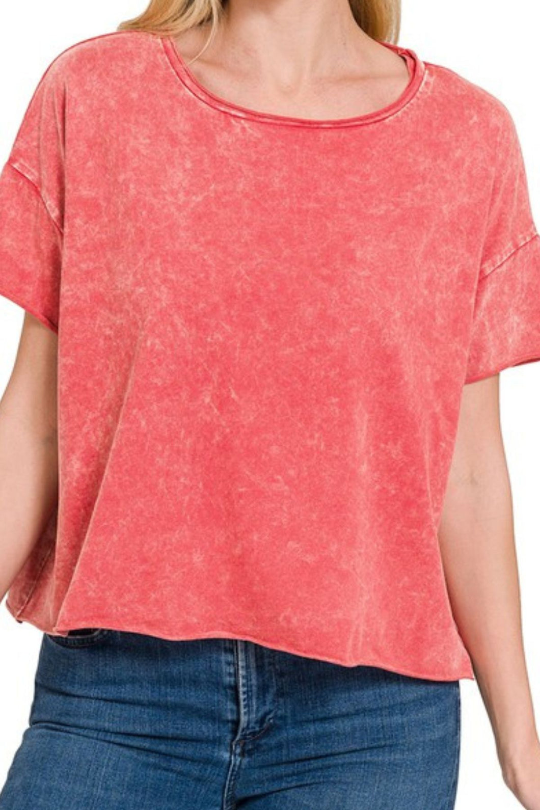 Swanzy Acid Wash Crop Top in Coral Red