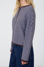Load image into Gallery viewer, Burnswick Striped Raw Edge Cardigan in Blue + Brown