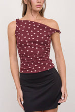 Load image into Gallery viewer, Beverly Polka Dot Asymmetrical Twist Top in Burgundy