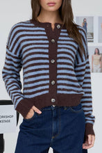 Load image into Gallery viewer, Nova Scotia Fuzzy Striped Cardigan in Blue+Brown
