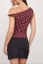 Load image into Gallery viewer, Beverly Polka Dot Asymmetrical Twist Top in Burgundy