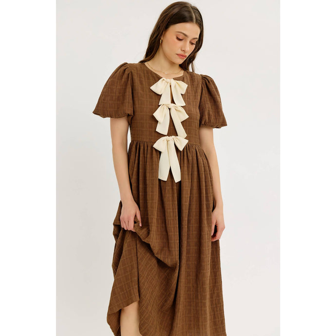 Oakhurst Brown Textured Midi Dress with Cream Bows