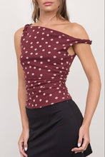 Load image into Gallery viewer, Beverly Polka Dot Asymmetrical Twist Top in Burgundy