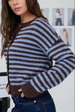 Load image into Gallery viewer, Nova Scotia Fuzzy Striped Cardigan in Blue+Brown