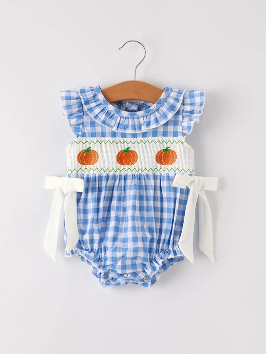 Blue Gingham Pumpkin Smocked Embroidery Romper
