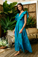 Load image into Gallery viewer, Charleston Ruffled Stripe Dress in Blue + Green