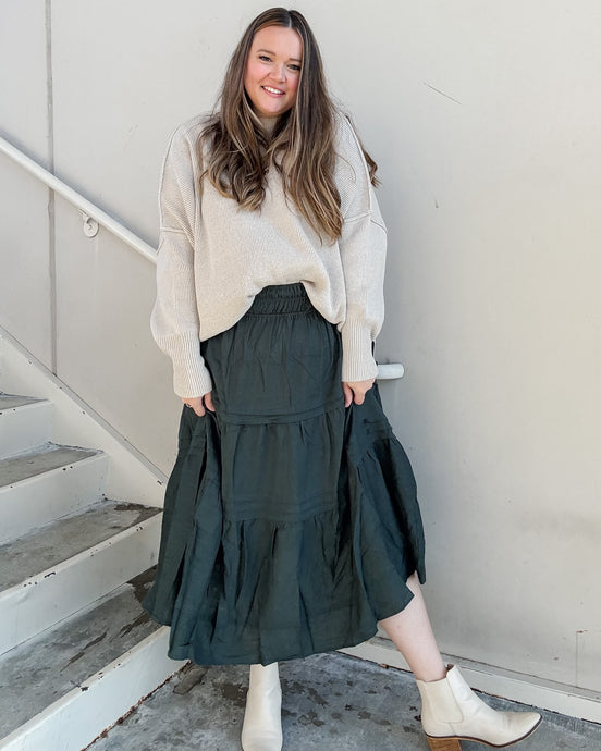 Duvall Tiered Smocked Waistband Skirt in Forest Green