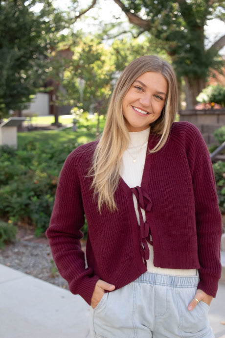 Claremont Tie Front Cardigan in Merlot
