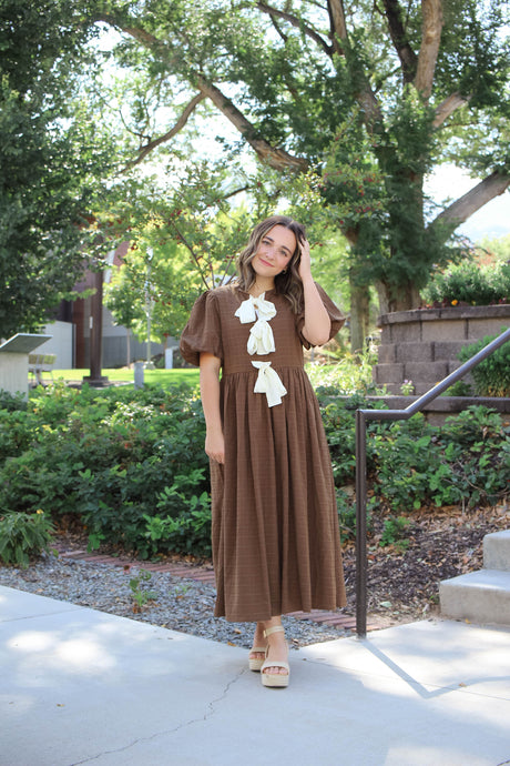 Oakhurst Brown Textured Midi Dress with Cream Bows