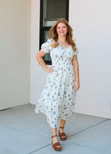 Load image into Gallery viewer, Eagan Smocked Waistline Floral Dress in Blue