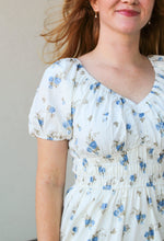 Load image into Gallery viewer, Eagan Smocked Waistline Floral Dress in Blue