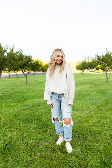 Island Park Side Slit Oversized Sweater in Bone