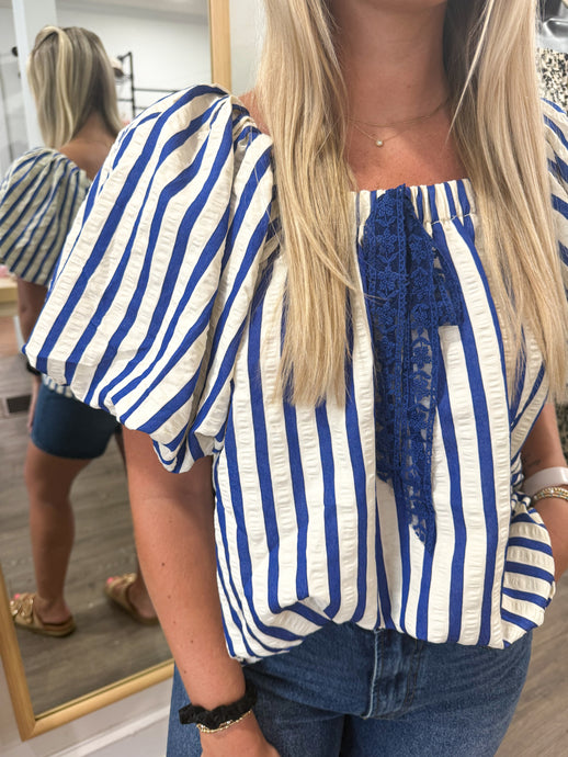 Alva Striped Lace Bow Top