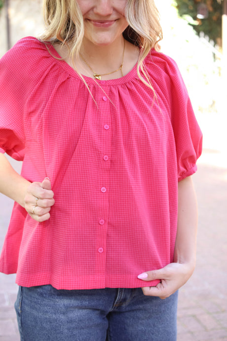 Athens Checkered Button Up Top in Pink