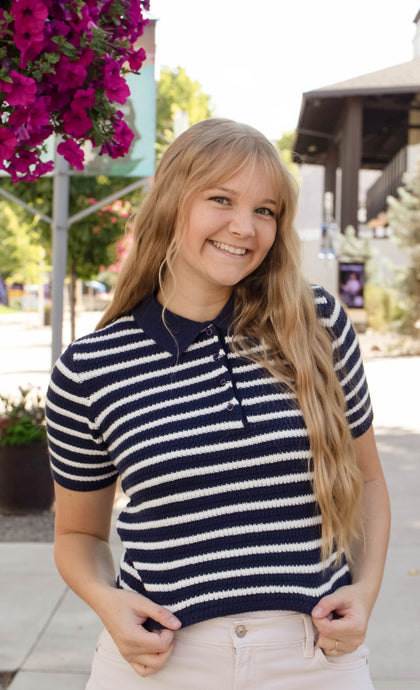 Collared Mid Sleeve In Navy Stripe