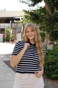 Collared Mid Sleeve In Navy Stripe