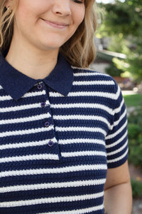 Collared Mid Sleeve In Navy Stripe