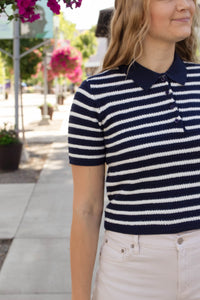 Collared Mid Sleeve In Navy Stripe