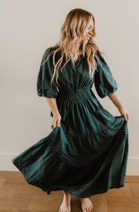 Philadelphia Tiered Puff Sleeve Dress in Forest Green