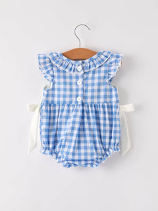 Blue Gingham Pumpkin Smocked Embroidery Romper