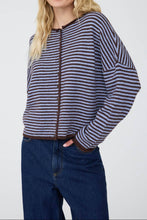Load image into Gallery viewer, Burnswick Striped Raw Edge Cardigan in Blue + Brown
