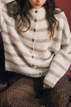 Load image into Gallery viewer, Andover Striped Mockneck Fuzzy Cardigan in Cream