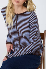 Load image into Gallery viewer, Burnswick Striped Raw Edge Cardigan in Blue + Brown