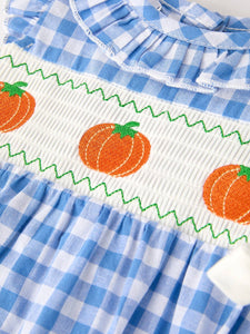 Blue Gingham Pumpkin Smocked Embroidery Romper