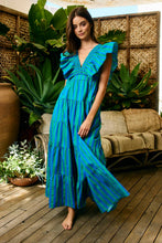 Load image into Gallery viewer, Charleston Ruffled Stripe Dress in Blue + Green