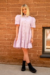 Melrose Button Down Puff Sleeve Dress in Lavender