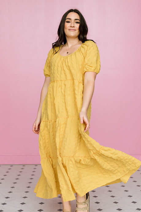 Tippah Park Textured Tiered Midi Dress in Sunshine Yellow