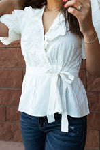 Load image into Gallery viewer, Bordeaux Ruffled Wrap Top in White