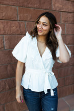 Load image into Gallery viewer, Bordeaux Ruffled Wrap Top in White
